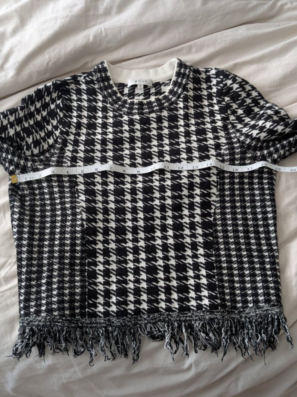 Milly Black and White Houndstooth Long Sleeve Fringe Sweater M - Picture 4 of 6